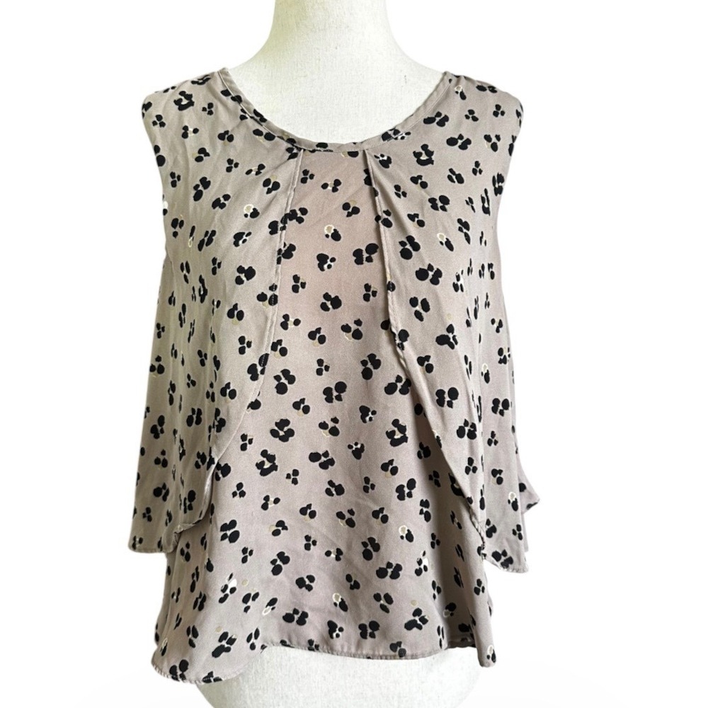Zara Womens Medium Taupe Black Abstract Floral Draped Sleeveless Blouse | 0113